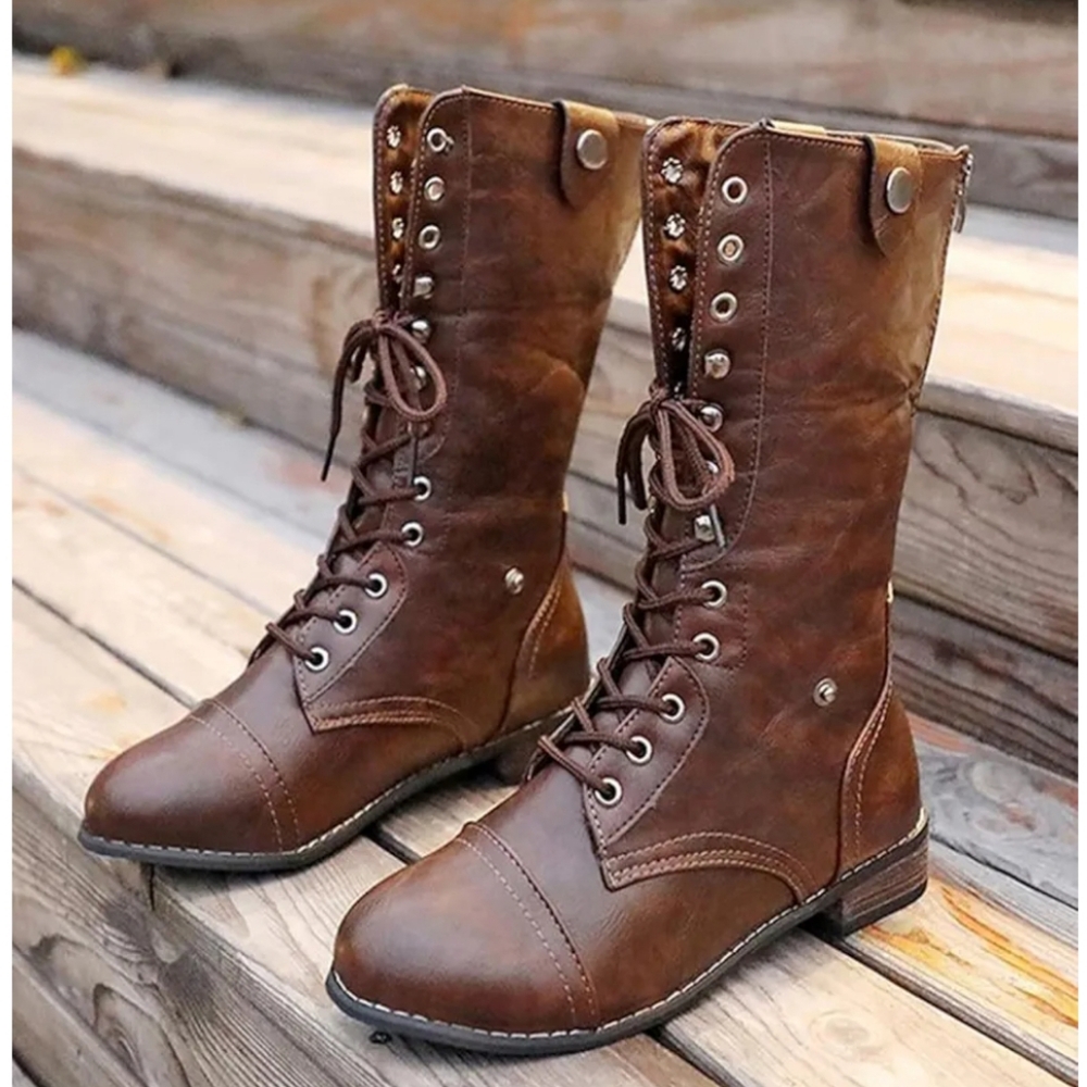 Brown Lace-Up Combat Boots with Plaid Lining